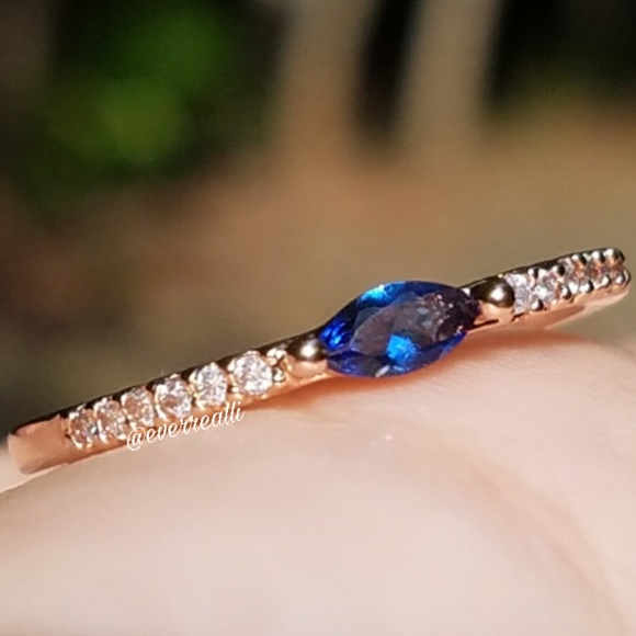 Rose Gold Tiny Blue Sapphire Marquise Dainty Ring - Picture 3 of 7